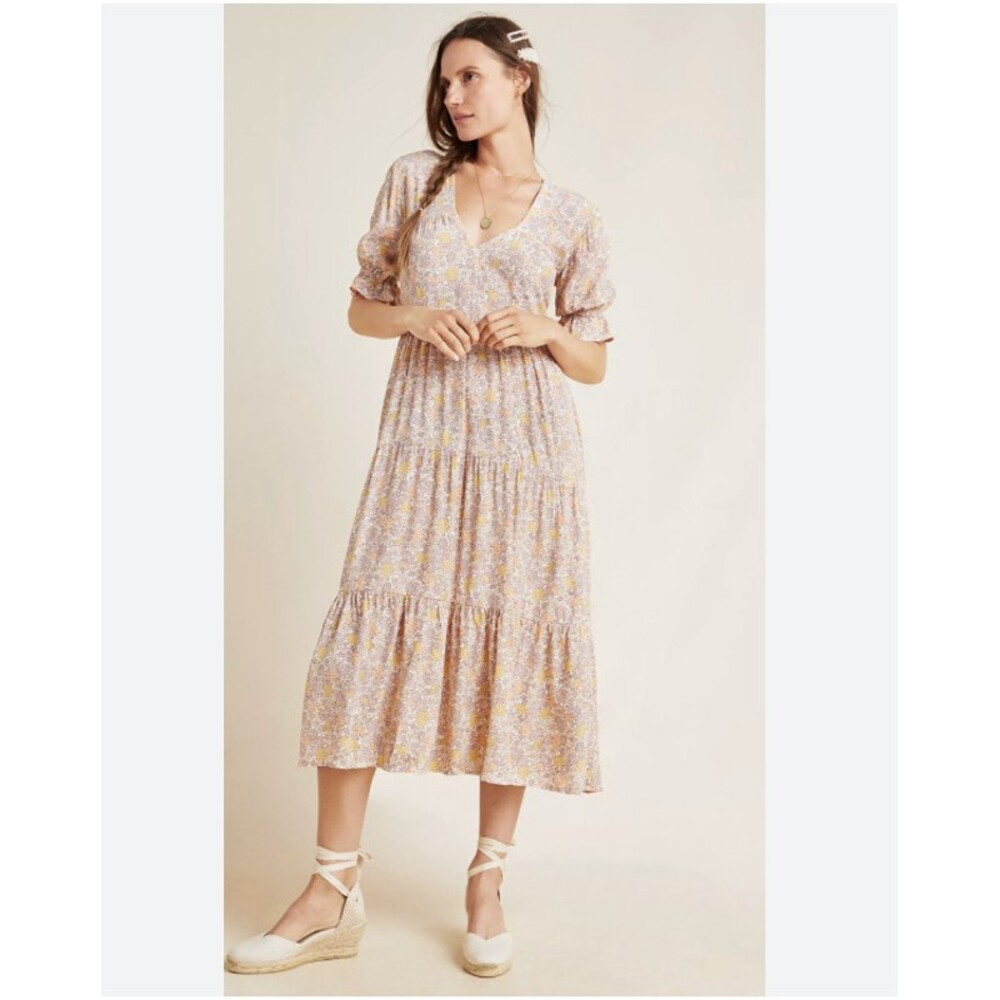 Faithfull The Brand La Falaise Dress Womens Large Beige Floral Puff Sleeve Boho